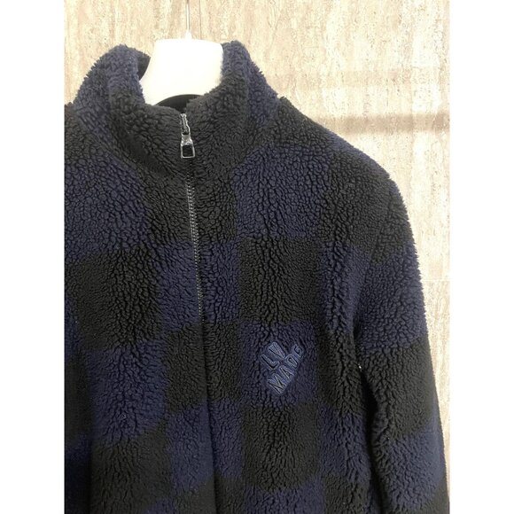 Louis Vuitton Checkered Navy & Black Sherpa Jacket Mens Full-Zip Embroidered Log - Picture 3 of 14